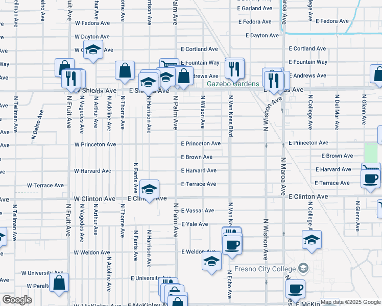 map of restaurants, bars, coffee shops, grocery stores, and more near 405 East Brown Avenue in Fresno