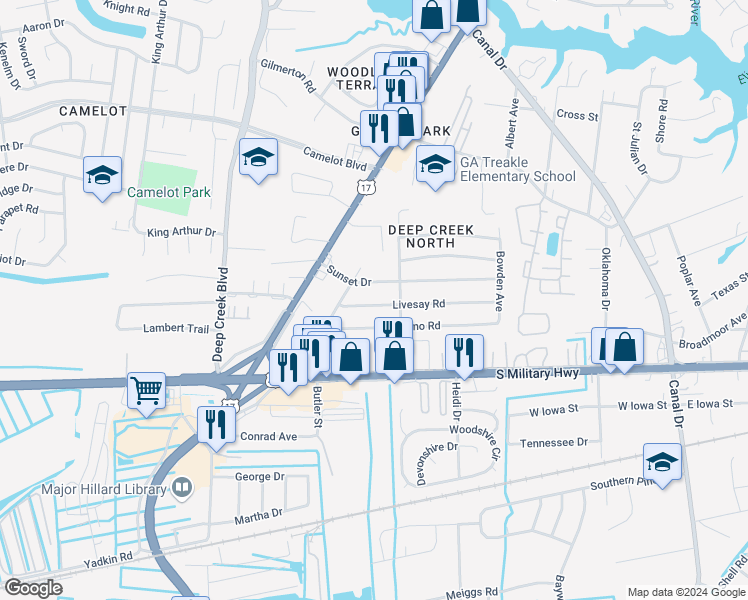 map of restaurants, bars, coffee shops, grocery stores, and more near 2506 Livesay Road in Chesapeake