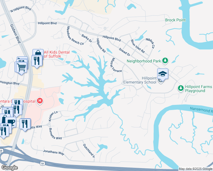 map of restaurants, bars, coffee shops, grocery stores, and more near 106 Trapfalls Court in Suffolk