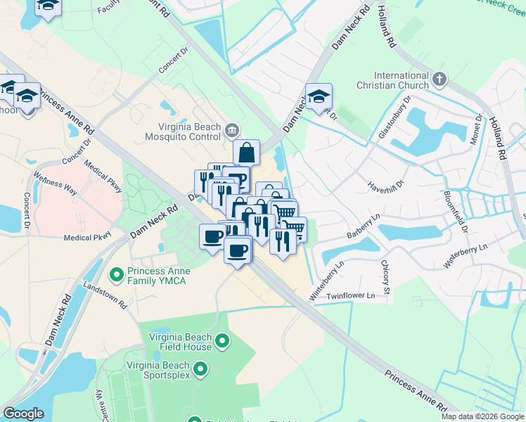 map of restaurants, bars, coffee shops, grocery stores, and more near 3312 Princess Anne Road in Virginia Beach