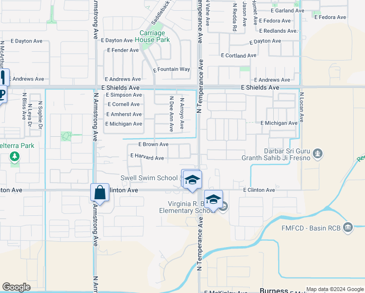 map of restaurants, bars, coffee shops, grocery stores, and more near 2698 North Arroyo Avenue in Fresno