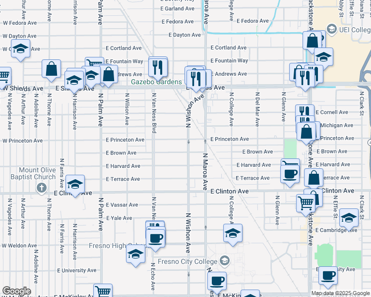 map of restaurants, bars, coffee shops, grocery stores, and more near 2711 North Wishon Avenue in Fresno