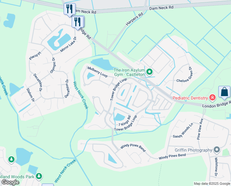 map of restaurants, bars, coffee shops, grocery stores, and more near 1812 Clifton Bridge Drive in Virginia Beach