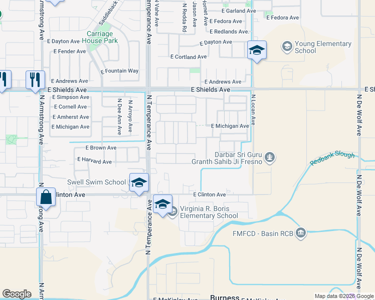 map of restaurants, bars, coffee shops, grocery stores, and more near 2672 North Temperance Avenue in Fresno