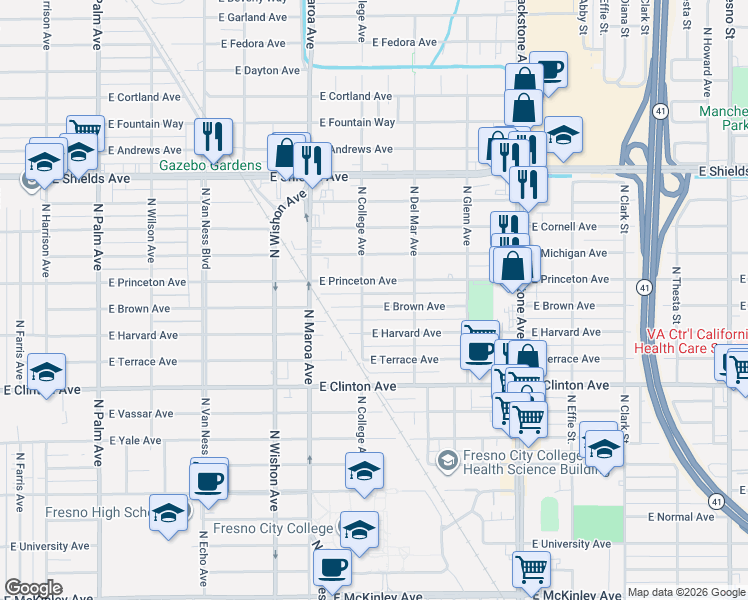 map of restaurants, bars, coffee shops, grocery stores, and more near 2725 North College Avenue in Fresno