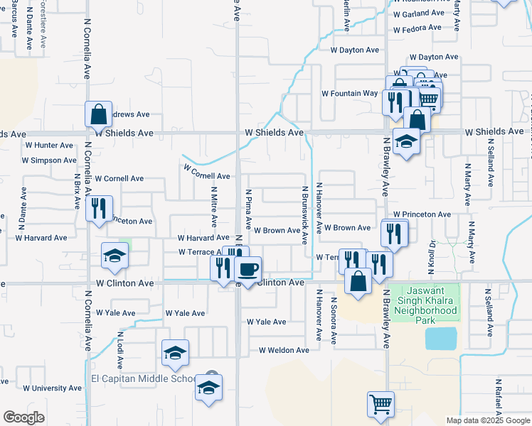 map of restaurants, bars, coffee shops, grocery stores, and more near 4323 West Michigan Avenue in Fresno
