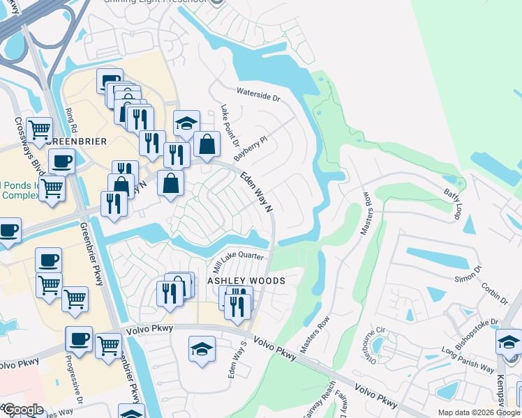 map of restaurants, bars, coffee shops, grocery stores, and more near 929 White Oak Court North in Chesapeake