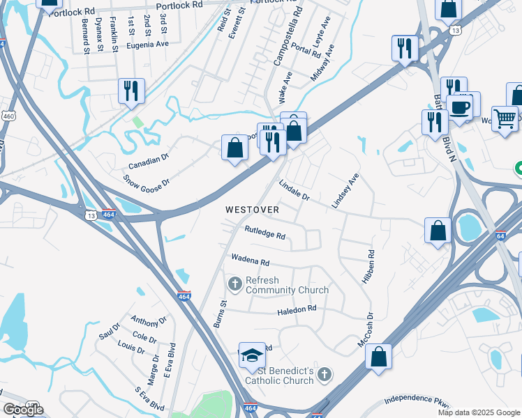 map of restaurants, bars, coffee shops, grocery stores, and more near 1517 Campostella Road in Chesapeake