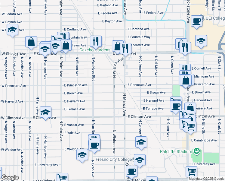 map of restaurants, bars, coffee shops, grocery stores, and more near 2715 North Wishon Avenue in Fresno