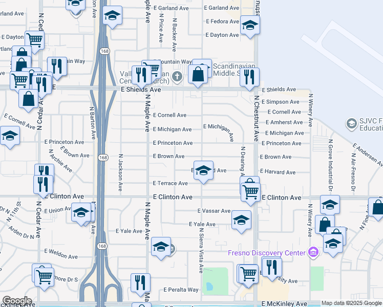 map of restaurants, bars, coffee shops, grocery stores, and more near 4681 East Brown Avenue in Fresno