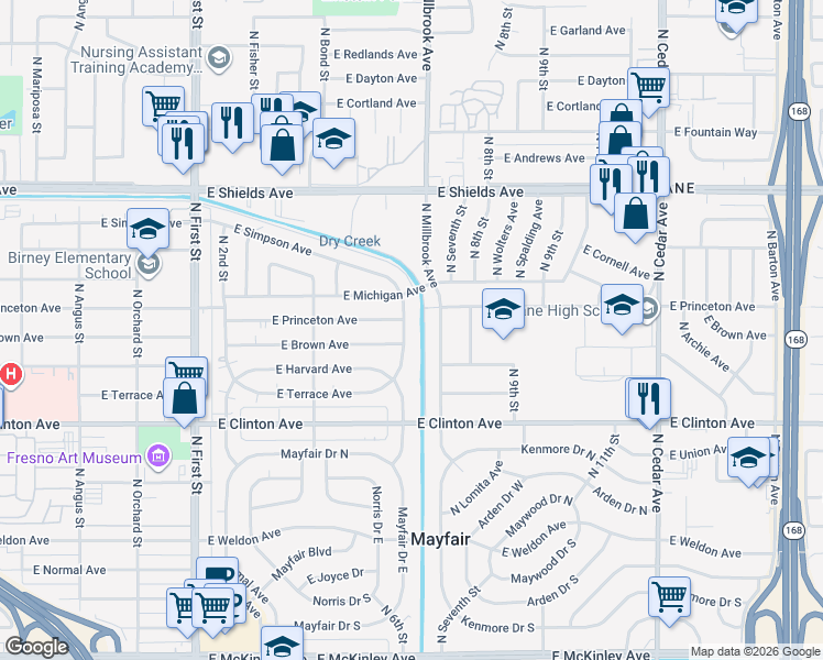 map of restaurants, bars, coffee shops, grocery stores, and more near 2736 North 6th Street in Fresno