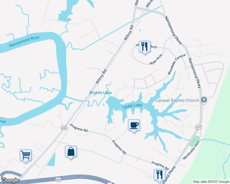 map of restaurants, bars, coffee shops, grocery stores, and more near 402 Haverhill Court in Suffolk