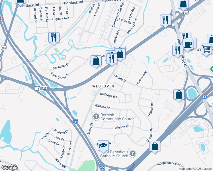 map of restaurants, bars, coffee shops, grocery stores, and more near 1517 Campostella Road in Chesapeake
