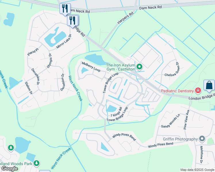 map of restaurants, bars, coffee shops, grocery stores, and more near 1812 Clifton Bridge Drive in Virginia Beach
