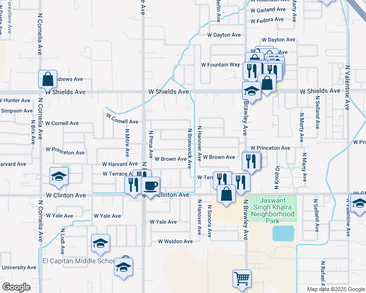 map of restaurants, bars, coffee shops, grocery stores, and more near 4248 West Princeton Avenue in Fresno