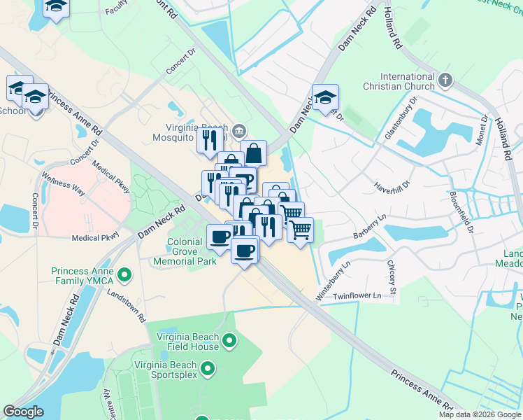 map of restaurants, bars, coffee shops, grocery stores, and more near 3344 Princess Anne Road in Virginia Beach