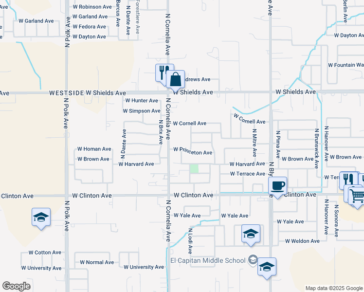 map of restaurants, bars, coffee shops, grocery stores, and more near 2617 North Lodi Avenue in Fresno