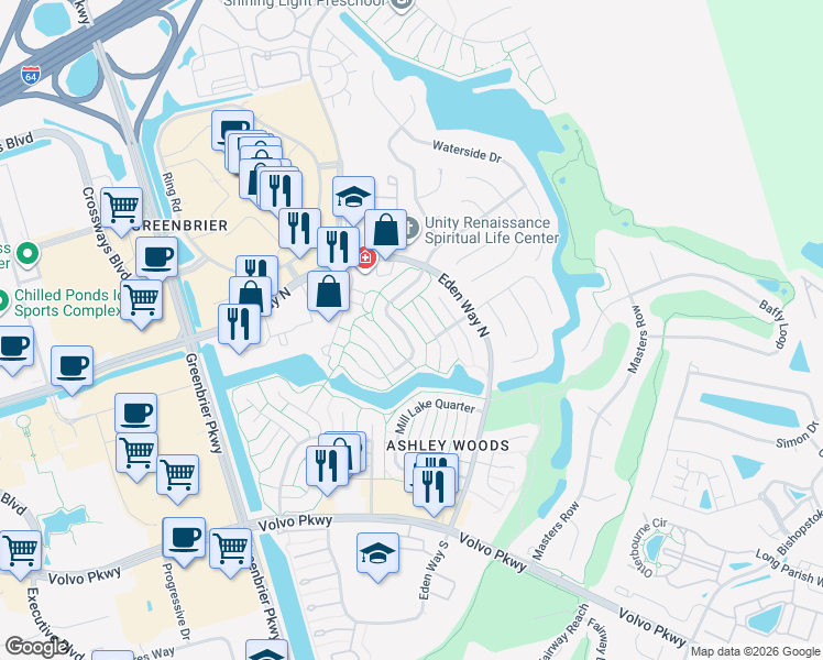 map of restaurants, bars, coffee shops, grocery stores, and more near 909 Scarlet Oak Court North in Chesapeake