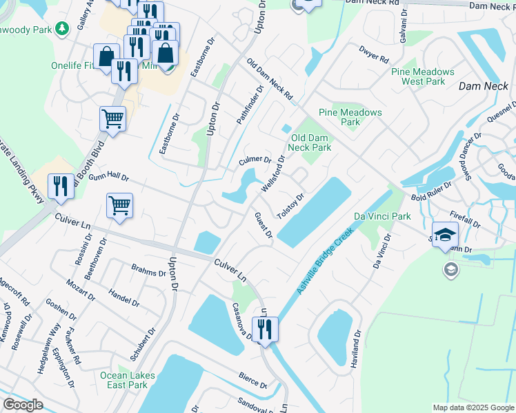 map of restaurants, bars, coffee shops, grocery stores, and more near 1092 Guest Drive in Virginia Beach