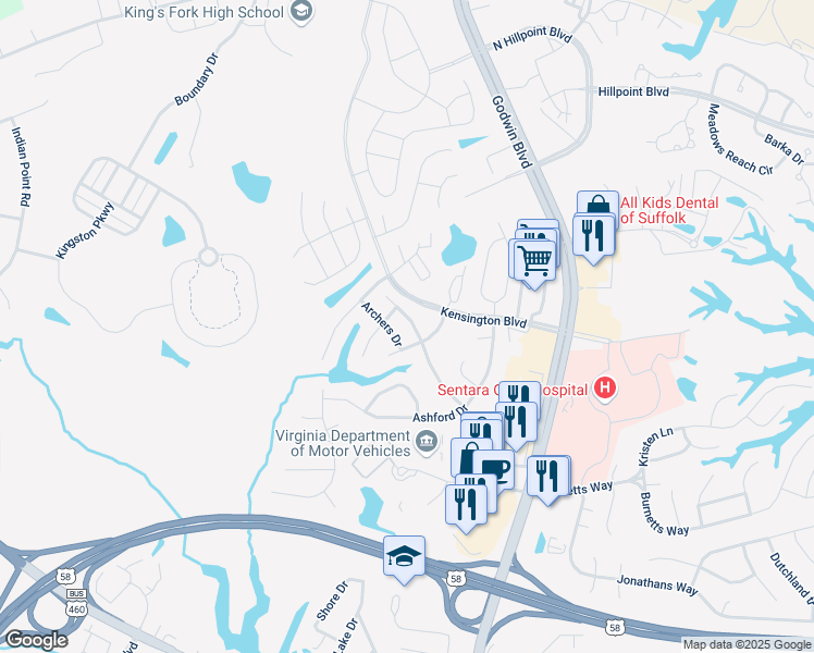 map of restaurants, bars, coffee shops, grocery stores, and more near 210 Archers Drive in Suffolk