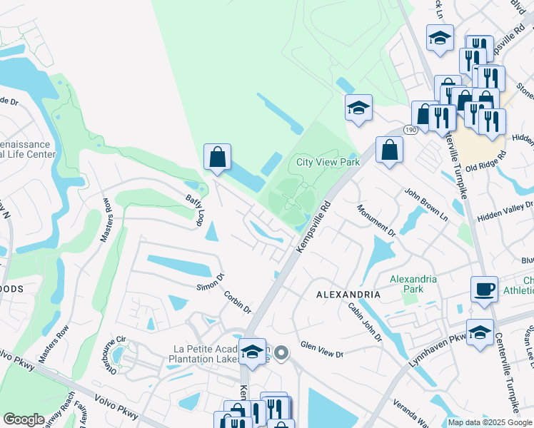 map of restaurants, bars, coffee shops, grocery stores, and more near 2104 Pateshall Court in Virginia Beach