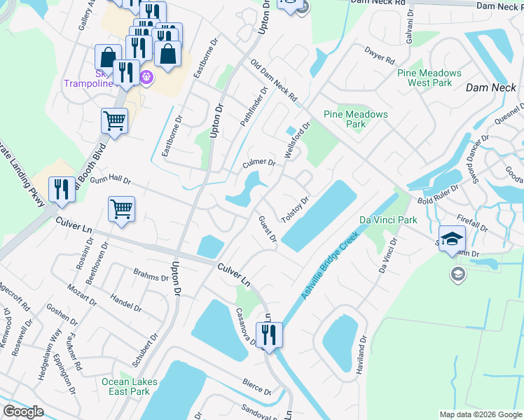 map of restaurants, bars, coffee shops, grocery stores, and more near 1092 Guest Drive in Virginia Beach