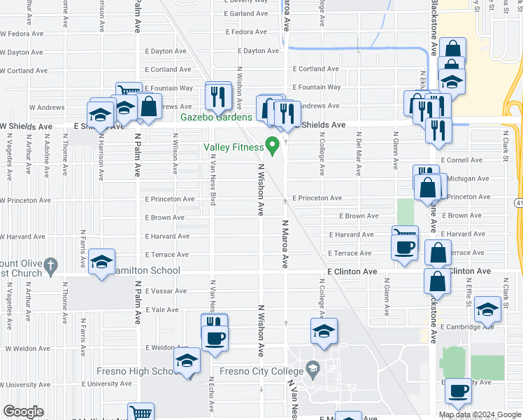 map of restaurants, bars, coffee shops, grocery stores, and more near 2719 North Wishon Avenue in Fresno