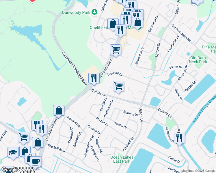 map of restaurants, bars, coffee shops, grocery stores, and more near 1809 Culver Quay in Virginia Beach