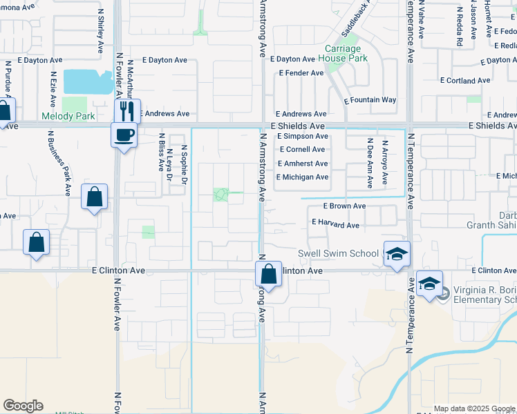map of restaurants, bars, coffee shops, grocery stores, and more near 2710 North Armstrong Avenue in Fresno