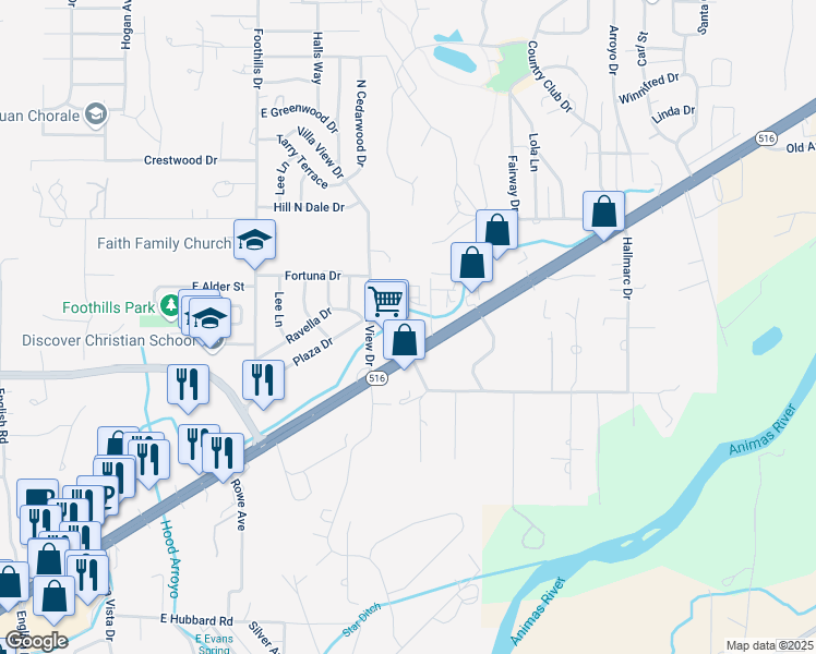 map of restaurants, bars, coffee shops, grocery stores, and more near 5950 East Main Street in Farmington