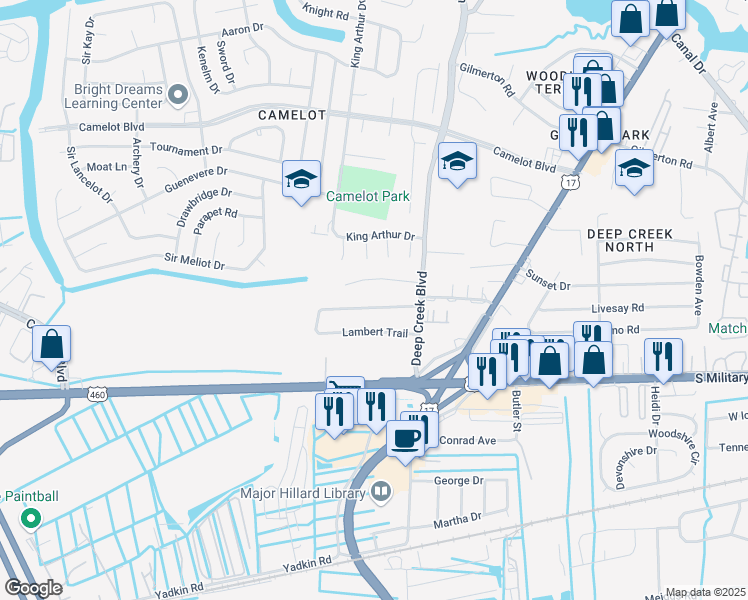 map of restaurants, bars, coffee shops, grocery stores, and more near 2849 Lambert Trail in Chesapeake