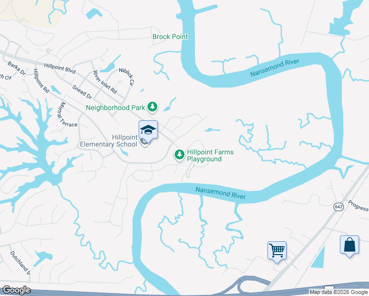 map of restaurants, bars, coffee shops, grocery stores, and more near 101 Sandcastle Circle in Suffolk