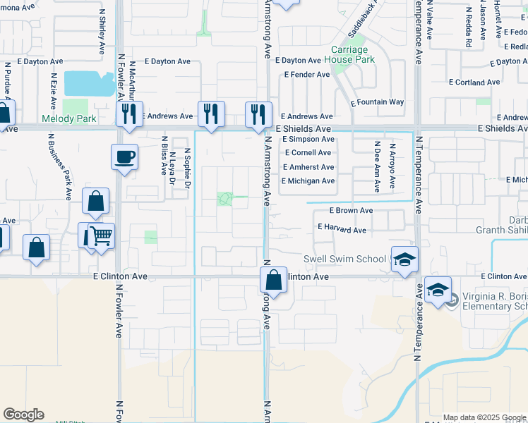 map of restaurants, bars, coffee shops, grocery stores, and more near 2710 North Armstrong Avenue in Fresno