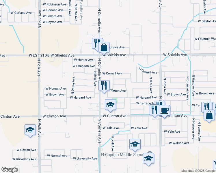 map of restaurants, bars, coffee shops, grocery stores, and more near 2617 North Lodi Avenue in Fresno