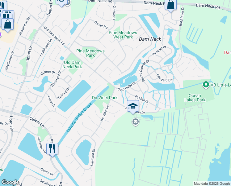 map of restaurants, bars, coffee shops, grocery stores, and more near 1676 Da Vinci Drive in Virginia Beach