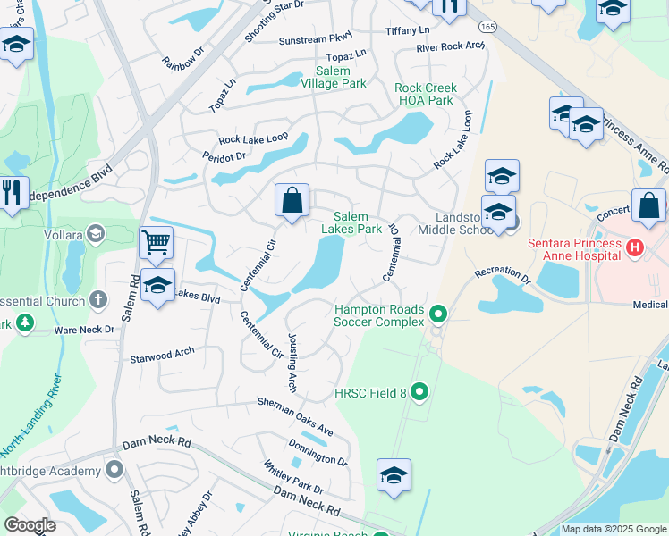map of restaurants, bars, coffee shops, grocery stores, and more near 3829 Huey Court in Virginia Beach