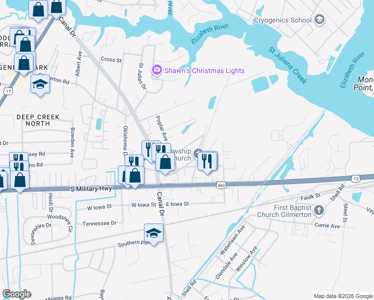 map of restaurants, bars, coffee shops, grocery stores, and more near 2015 Texas Street in Chesapeake