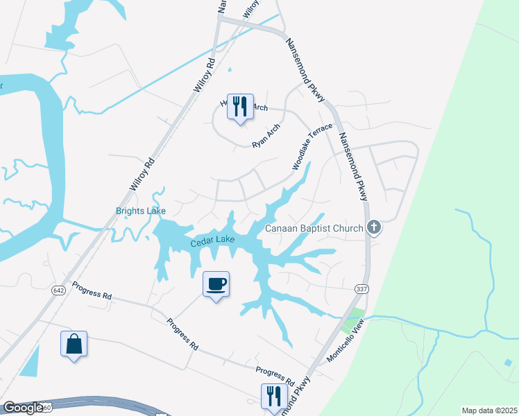 map of restaurants, bars, coffee shops, grocery stores, and more near 105 Cantor Street in Suffolk