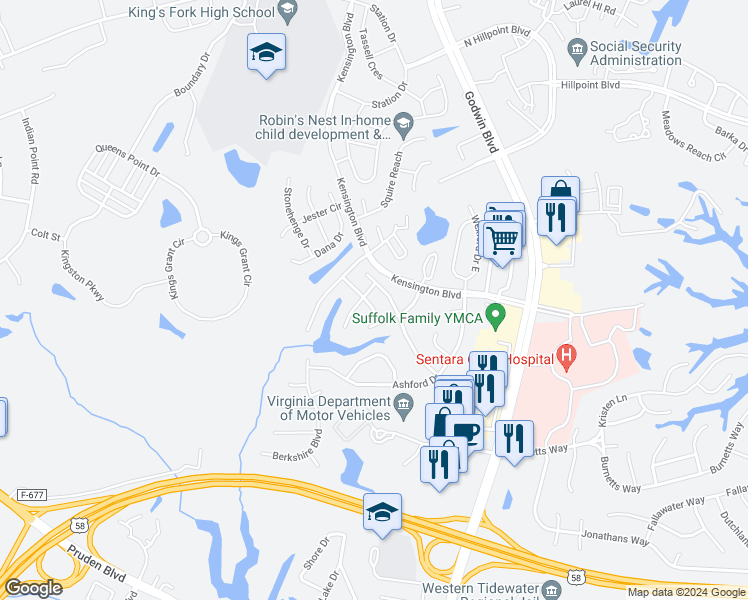 map of restaurants, bars, coffee shops, grocery stores, and more near 210 Archers Drive in Suffolk