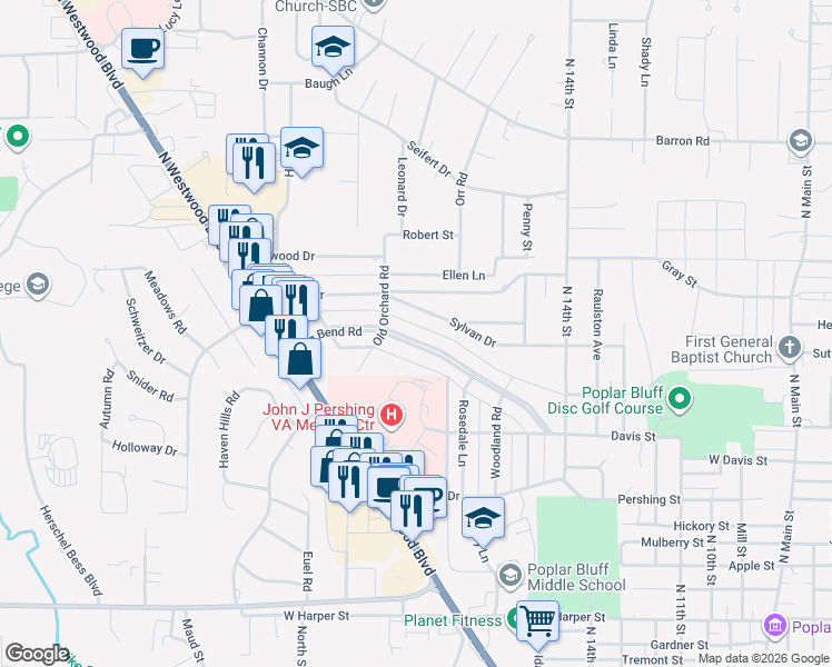 map of restaurants, bars, coffee shops, grocery stores, and more near 1705 Big Bend Road in Poplar Bluff