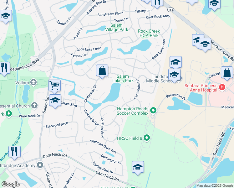 map of restaurants, bars, coffee shops, grocery stores, and more near 3829 Huey Court in Virginia Beach