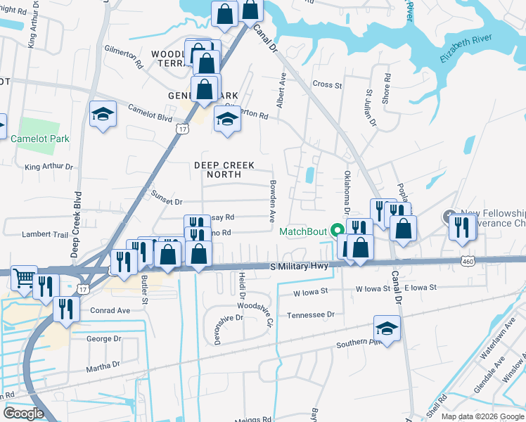 map of restaurants, bars, coffee shops, grocery stores, and more near 914 Bowden Avenue in Chesapeake