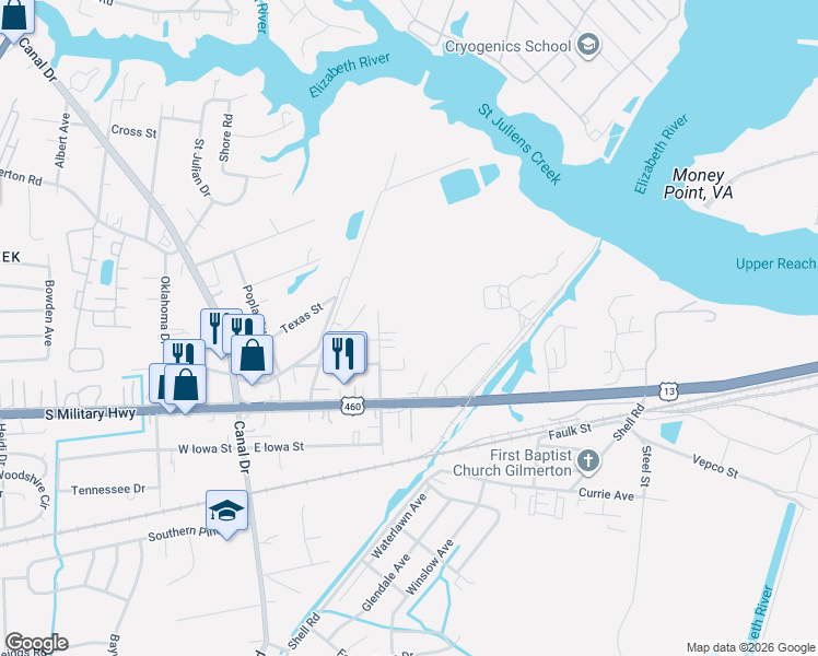 map of restaurants, bars, coffee shops, grocery stores, and more near 937 State Street in Chesapeake