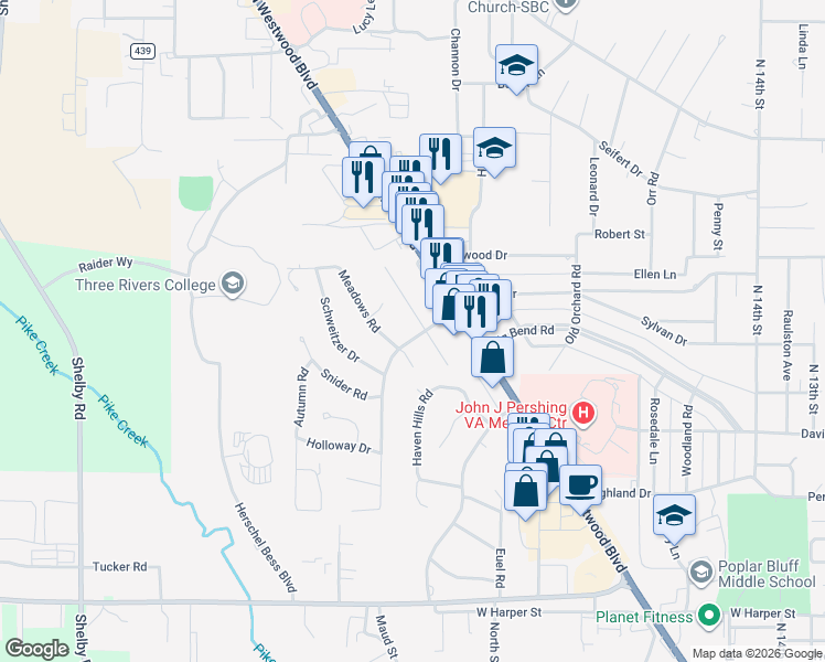map of restaurants, bars, coffee shops, grocery stores, and more near 2002 Woodhaven Road in Poplar Bluff