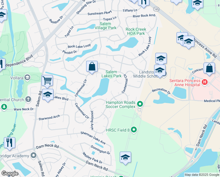 map of restaurants, bars, coffee shops, grocery stores, and more near 3829 Huey Court in Virginia Beach