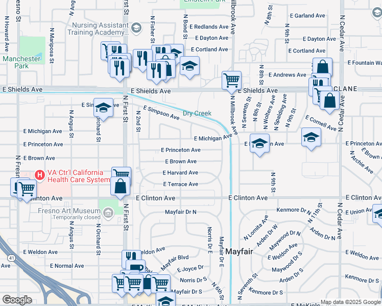 map of restaurants, bars, coffee shops, grocery stores, and more near 3419 East Princeton Avenue in Fresno