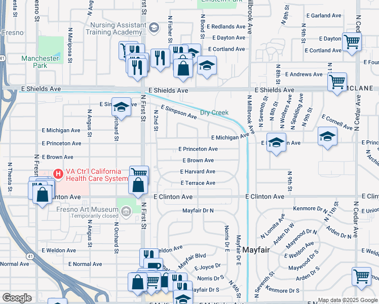map of restaurants, bars, coffee shops, grocery stores, and more near 3354 East Princeton Avenue in Fresno