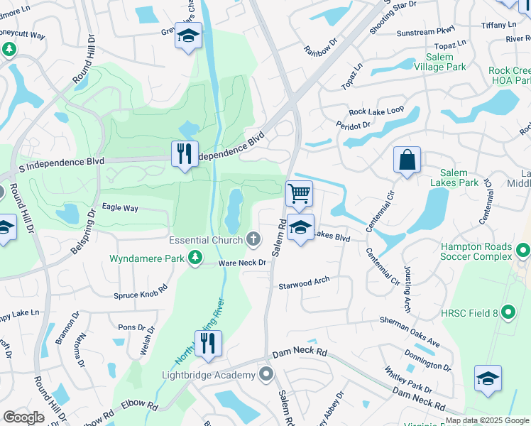 map of restaurants, bars, coffee shops, grocery stores, and more near 2016 Cheshire Forest Court in Virginia Beach