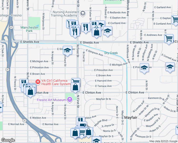 map of restaurants, bars, coffee shops, grocery stores, and more near 3234 East Princeton Avenue in Fresno