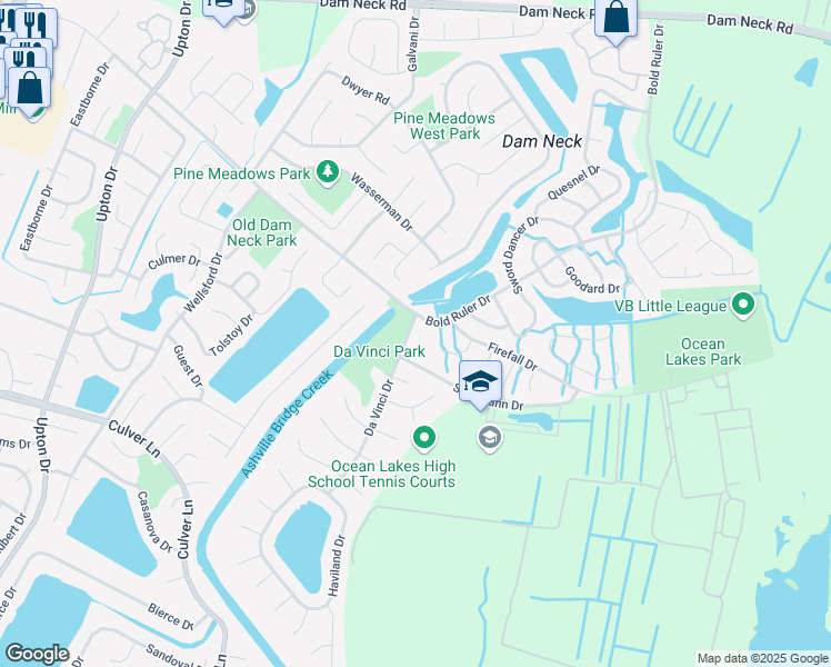 map of restaurants, bars, coffee shops, grocery stores, and more near 1676 Da Vinci Drive in Virginia Beach